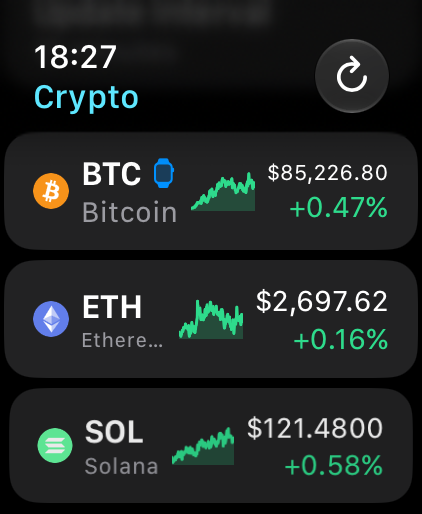 Coin-Liste mit Kursen auf der Apple Watch